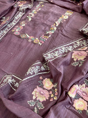Mauve Suit Set with Thread Handwork and Parsi Gara Dupatta in Mul Cotton