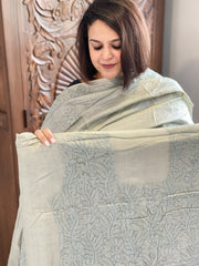 Greenish grey Suit Set with Lucknowi Handwork in Pure Tussar Silk
