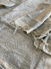 Greenish grey Suit Set with Lucknowi Handwork in Pure Tussar Silk