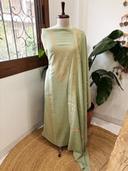 Sea Green Winter Suit Set with Aari Work in Pashmina Wool