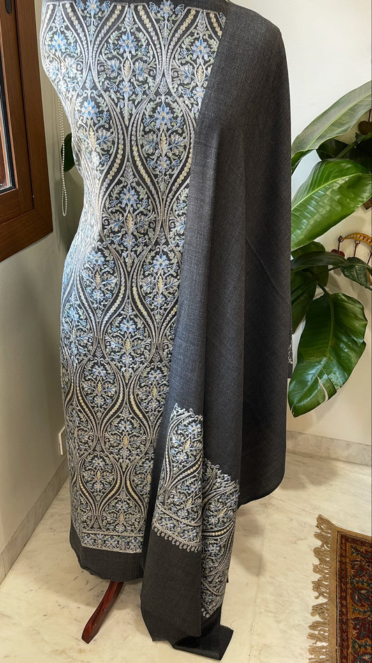 Dark Grey Winter Suit Set with Aari Work in Pashmina Wool