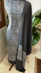 Dark Grey Winter Suit Set with Aari Work in Pashmina Wool
