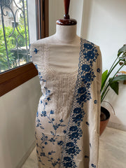 Gold, Blue Suit Set with Thread Embroidery and Pitta Work in Tissue Chanderi