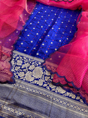 Royal Blue Handwoven Kadwa Banarasi with Hand Bandhani Suit Set in Pure Silk