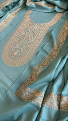 Sea Blue Winter Suit Set with Aari Work in Pashmina Wool