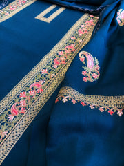 Firozi Winter Suit Set with Aari Work in Pashmina Wool