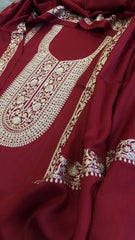 Crimson Red Winter Suit Set with Aari Work in Pashmina Wool