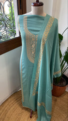 Sea Blue Winter Suit Set with Aari Work in Pashmina Wool