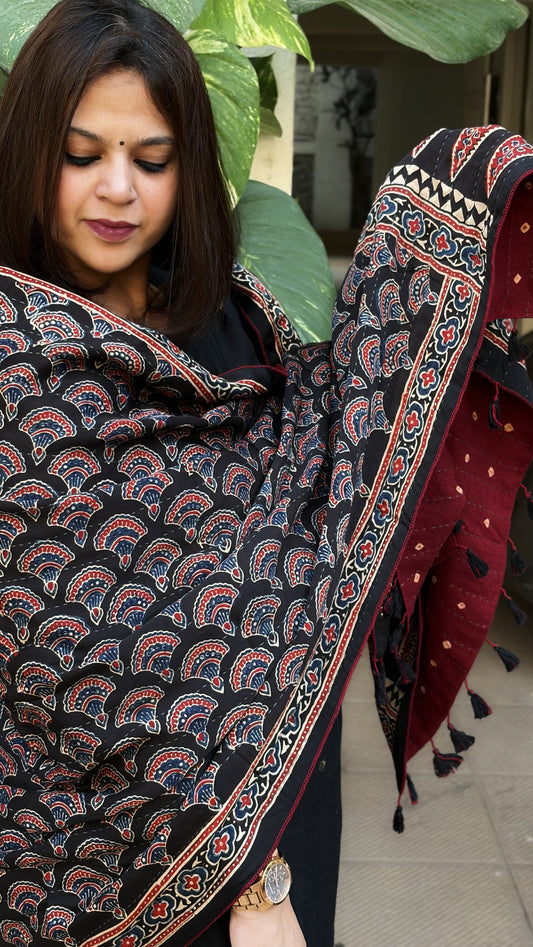 Black Ajrakh Handblock Printed Silk-Woollen Shawl