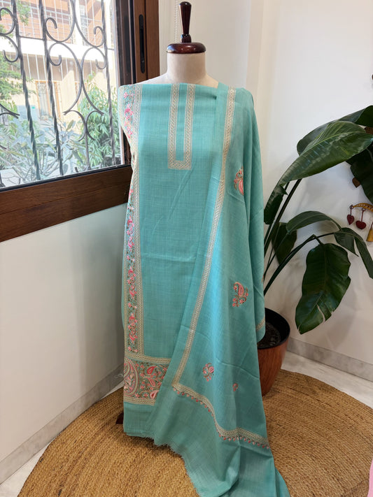 Turquoise Winter Suit Set with Aari Work in Pashmina Wool