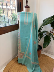 Turquoise Winter Suit Set with Aari Work in Pashmina Wool