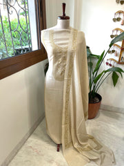 Cream Winter Suit Set with Aari Work in Pashmina Wool