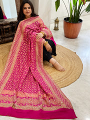 Pink Handwoven NeemZari Bareek Bandhani with Sequin, Dabka Handwork in Pure Georgette