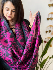 Pink, Black Woven Ikat Stoles in Pure Silk