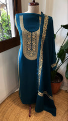 Firozi Winter Suit Set with Aari Work in Pashmina Wool