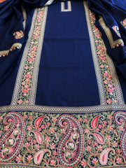 Navy Blue Winter Suit Set with Aari Work in Pashmina Wool