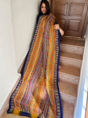 Blue, Yellow Handmade Kantha Dupatta in Silk
