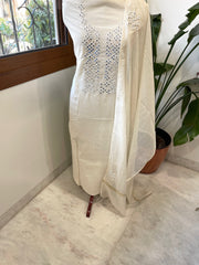 Off-White Suit Set with Thread and Parsi Gara Embroidery in Pure Mul Chanderi