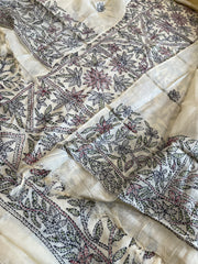 Ivory Suit Set with Kantha Handwork in Pure Tussar Silk