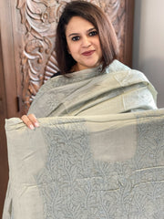 Greenish grey Suit Set with Lucknowi Handwork in Pure Tussar Silk