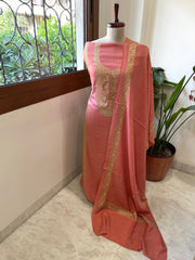 Peach Winter Suit Set with Aari Work in Pashmina Wool