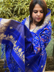 Royal Blue Handwoven Ikat Patola with Gotapatti & Pearl Handwork dupatta in Pure Silk