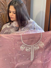 Mauve Suit Set with Thread Embroidery in Pure Tussar Silk