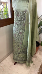 Pista Green Suit Set with Kantha Handwork in Pure Tussar Silk