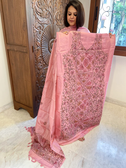 Pink Suit Set with Kantha Handwork in Pure Tussar Silk