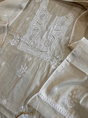 Gold Suit Set with Lucknowi Handwork in Tissue Chanderi