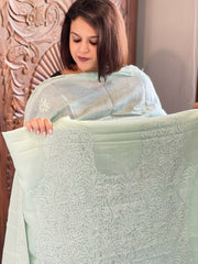 Aqua Suit Set with Lucknowi Handwork in Pure Tussar Silk