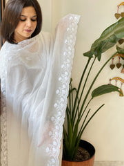 White Kota Cotton Dupatta with Thread Embroidery