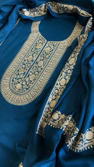 Firozi Winter Suit Set with Aari Work in Pashmina Wool