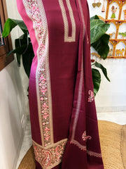Wine Winter Suit Set with Aari Work in Pashmina Wool