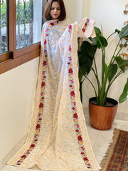 Ivory Parsi Gara Embroidery Dupatta in Georgette