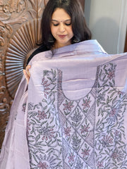 Lavender Suit Set with Kantha Handwork in Pure Tussar Silk