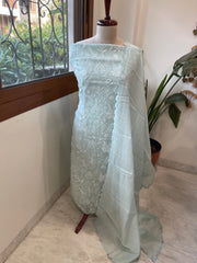 Aqua Suit Set with Thread Embroidery in Pure Mul