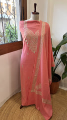 Peachish Pink Winter Suit Set with Aari Work in Pashmina Wool