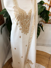 White Winter Suit Set with Aari Work in Pashmina Wool
