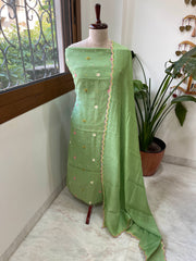 Green Suit Set with Thread Embroidery in Pure Mul
