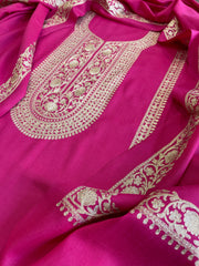 Fuscia Pink Winter Suit Set with Aari Work in Pashmina Wool