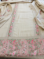 Cream Winter Suit Set with Aari Work in Pashmina Wool