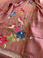 Antique Rose Suit Set with Thread Embroidery in Pure Mul Chanderi