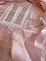 Baby Pink Suit Set with Pearl, Cut Daana and Thread Handwork in Pure Mul Chanderi
