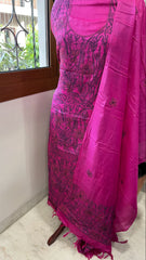 Pink Suit Set with Kantha Handwork in Pure Tussar Silk