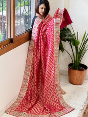 Pink Woven Bandhej Banarasi Dupatta in Fine Georgette with Pearl, Sequin, Dabka Work