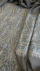 Lite Grey Winter Suit Set with Aari Work in Pashmina Wool