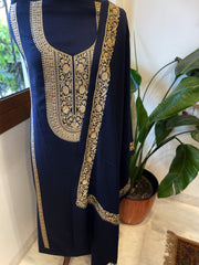 Deep Navy Winter Suit Set with Aari Work in Pashmina Wool