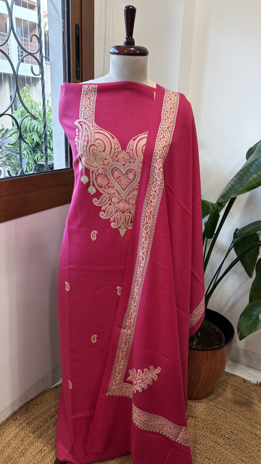 Hot Pink Winter Suit Set with Aari Work in Pashmina Wool