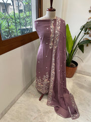 Mauve Suit Set with Parsi Gara Embroidery Dupatta in Mul Cotton